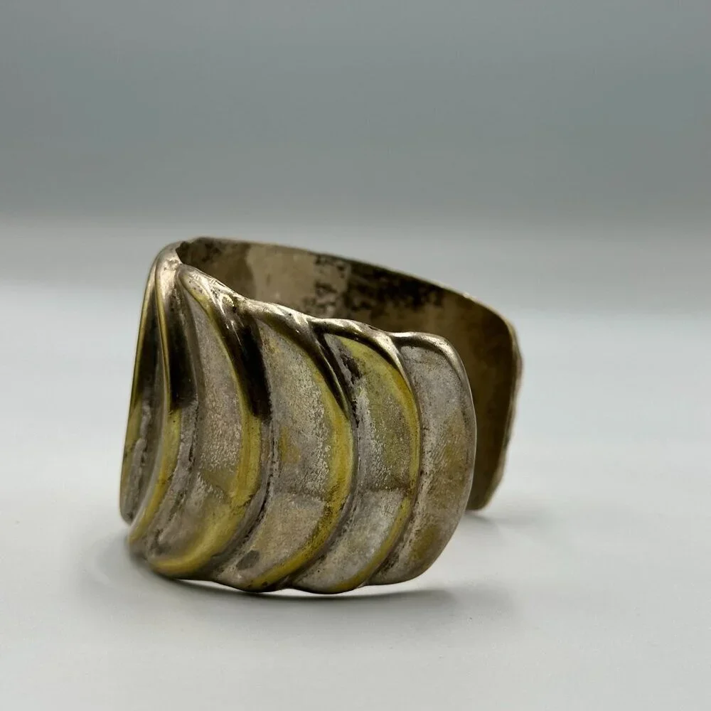 Cuff Bracelet Silver Plated Wide Sculpted Wave Design Bold Statement Jewelry